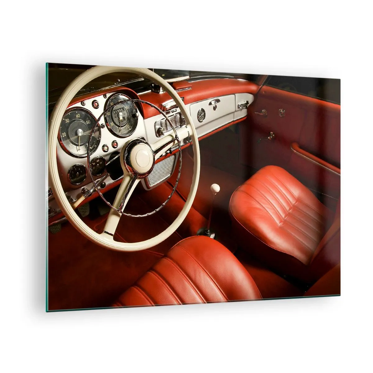 Glastavla - Bild på glas - Klassisk bilinredning med röda säten - 70x50cm - Lyx i vintage stil - Modern väggdekoration för vardagsrum och sovrum ARTTOR
