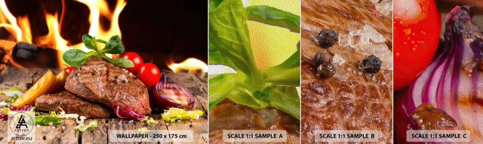 Provbit av fototapet Premium Sand - Framtrollad med glöd - Gastronomi, biff, Flames of Fire - 100x30 cm