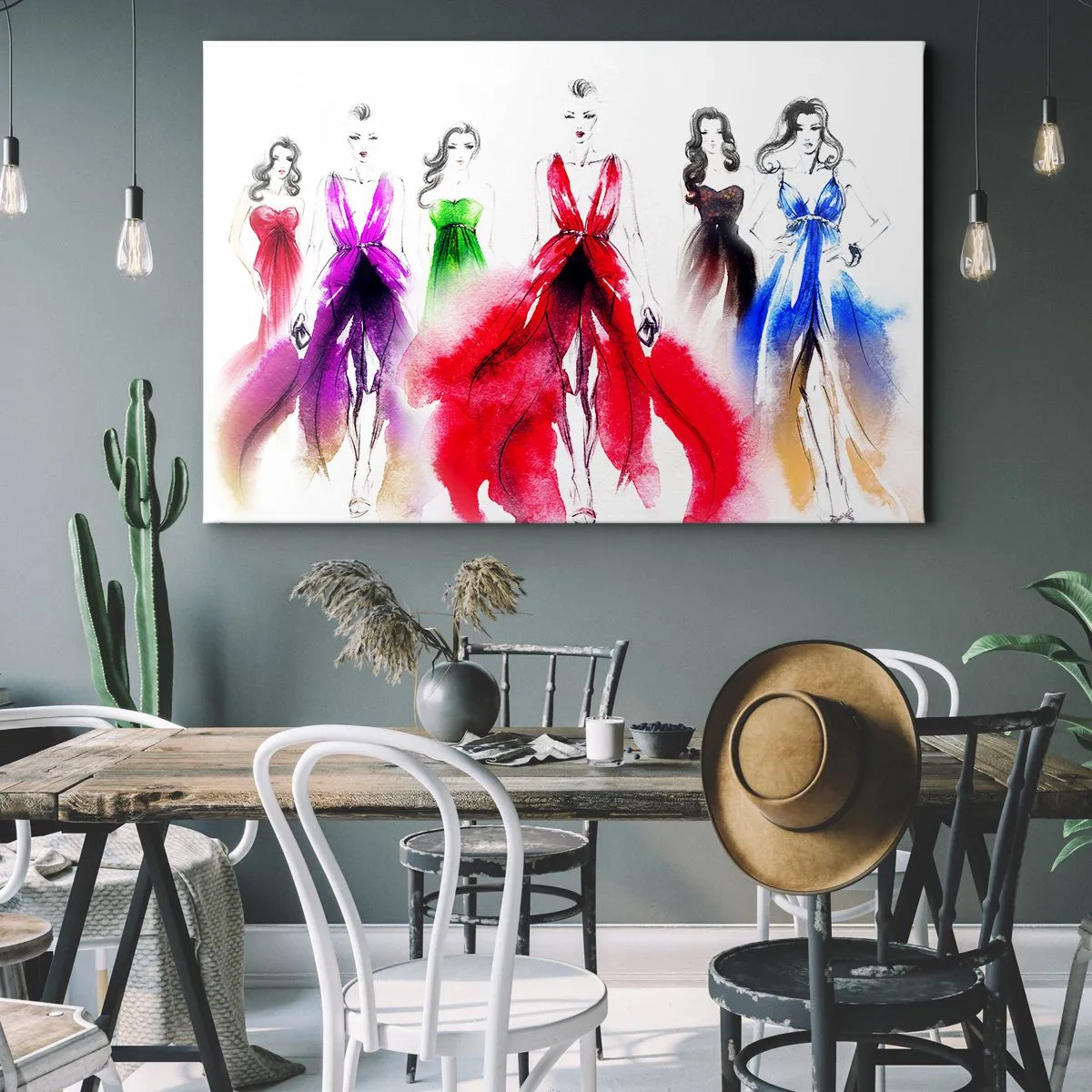 Canvastavla - Bild på duk - Modeillustration med modeller i färgglada klänningar - 70x50cm - Stämning för dräkter - Modern väggdekoration för vardagsrum och sovrum ARTTOR