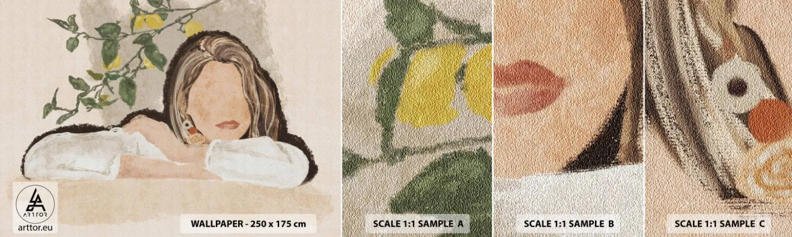 Provbit av självhäftande fototapet Deluxe Sticker - Sydlig skönhet - Kvinna, Citroner, Minimalism - 100x30 cm