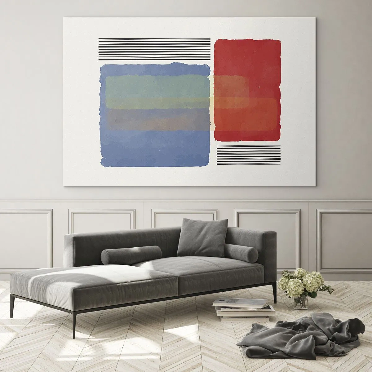 Glastavla - Bild på glas - Geometrisk komposition med röda och blå rektanglar - 70x50cm - Geometrins anda  - Modern väggdekoration för vardagsrum och sovrum ARTTOR