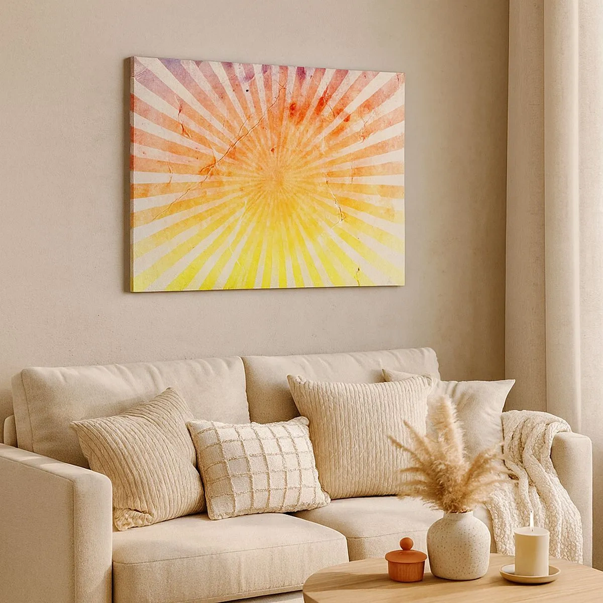 Canvastavla - Bild på duk - Solstrålar i nyanser av orange och gult - 70x50cm - Solupp- och nedgångar - Modern väggdekoration för vardagsrum och sovrum ARTTOR