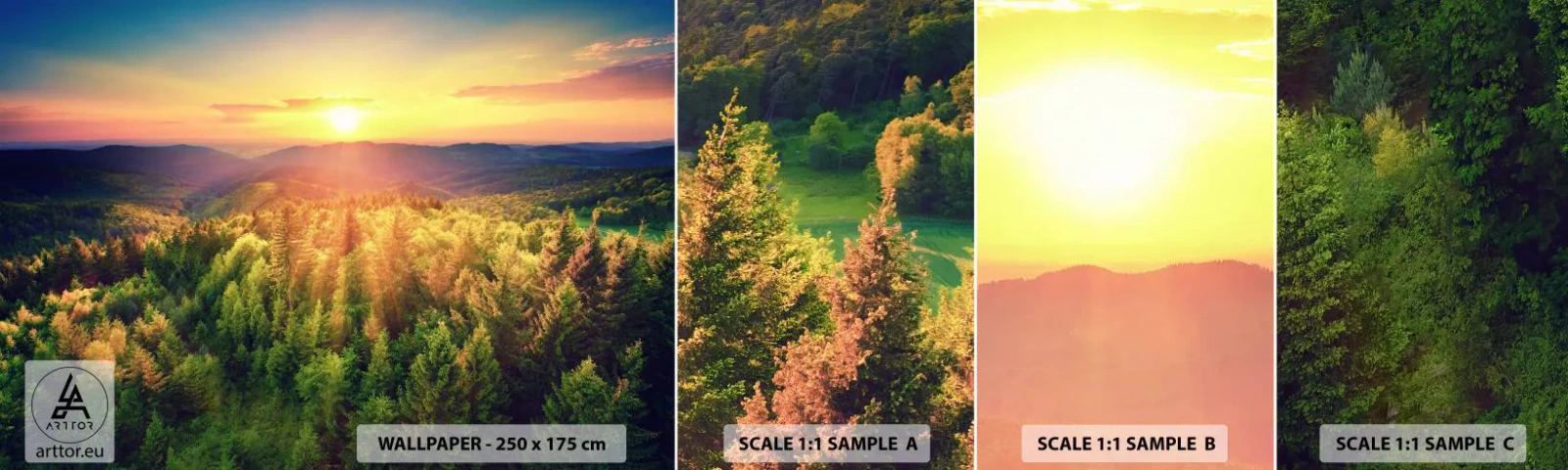 Provbit av självhäftande fototapet Deluxe Sticker - Trädtoppar och bergstoppar - Landskap, Skog, Berg - 100x30 cm