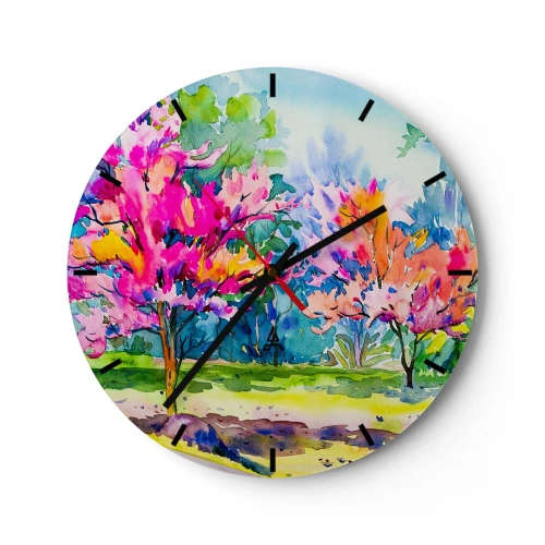 Väggklocka - Klocka på glas - Akvarelllandskap med färgglada träd - 30x30cm - Regnbågsträdgård i vårskenet - Modern väggdekoration för vardagsrum, kök och sovrum ARTTOR