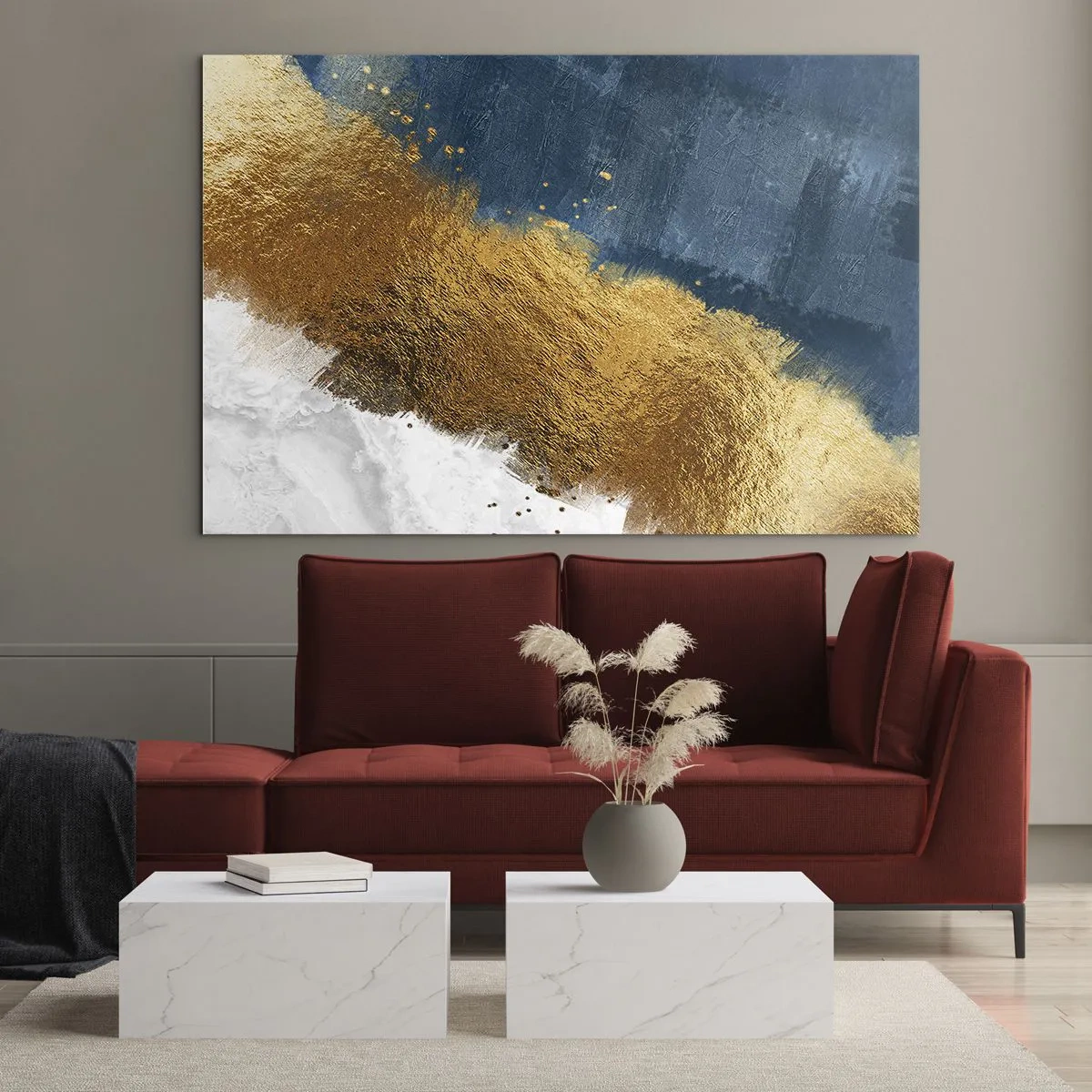 Glastavla - Bild på glas - Guldfärgade penseldrag på en marinblå och vit bakgrund - 70x50cm - Sommarens färger - Modern väggdekoration för vardagsrum och sovrum ARTTOR