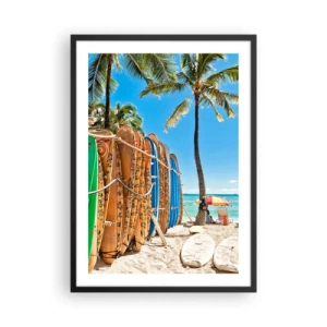 Affisch i svart ram - Surfbrädor på en strand med palmer och en blå himmel - 50x70cm - Solig lek - Modern väggdekoration för vardagsrum och sovrum ARTTOR