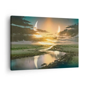 Canvastavla - Bild på duk - Ett fantastiskt landskap med två månar vid horisonten - 70x50cm - Någonstans i en avlägsen galax - Modern väggdekoration för vardagsrum och sovrum ARTTOR