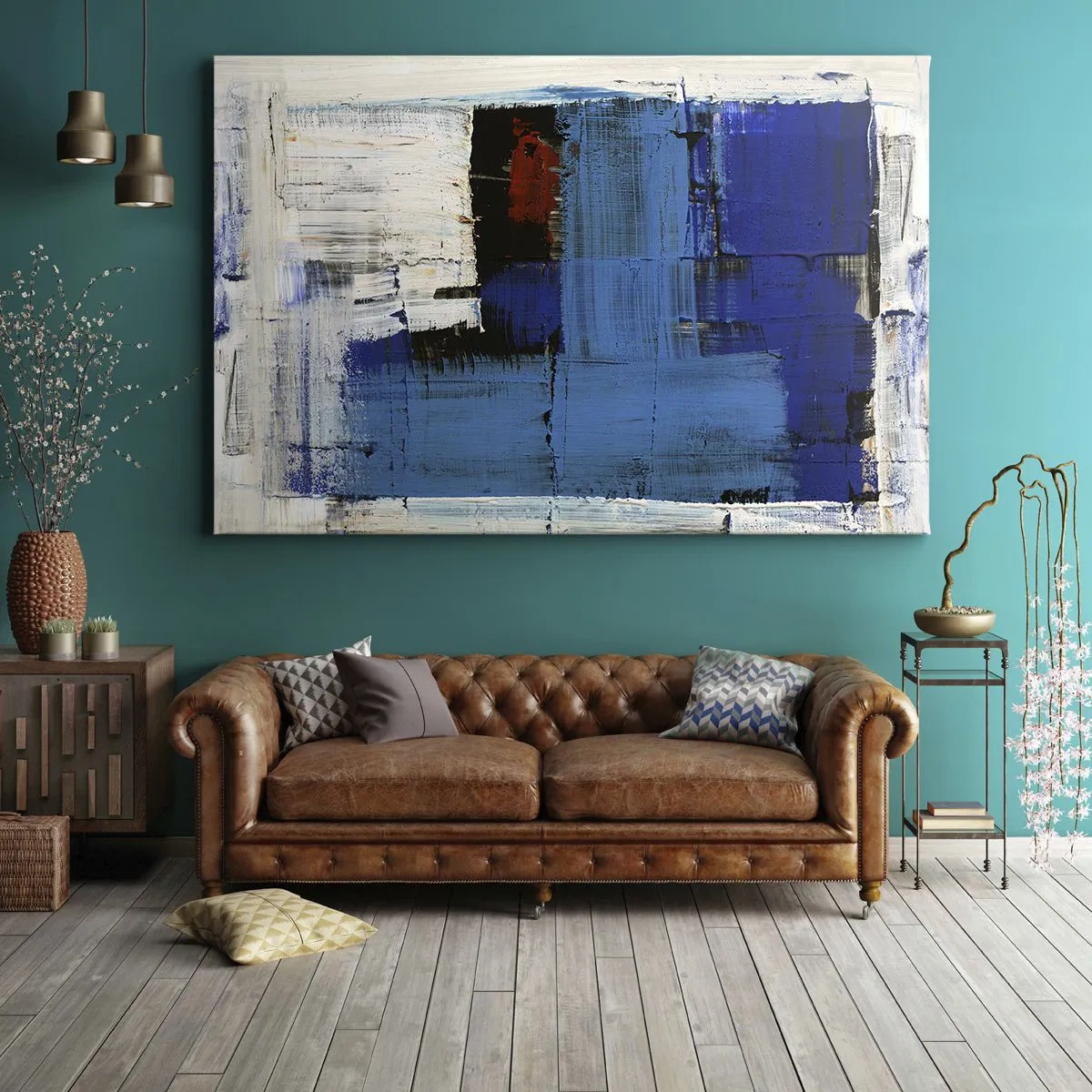 Canvastavla - Bild på duk - Abstrakt komposition i nyanser av blått och vitt - 70x50cm - Det blåas hemlighet - Modern väggdekoration för vardagsrum och sovrum ARTTOR