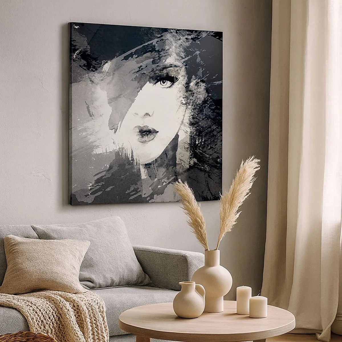 Canvastavla - Bild på duk - Bakom grå voile - 30x30 cm