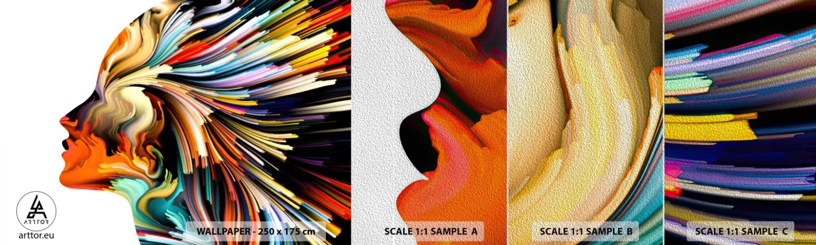 Provbit av fototapet Premium Sand - Fantasin exploderar - Abstraktion, Kvinna, Grafik - 100x30 cm