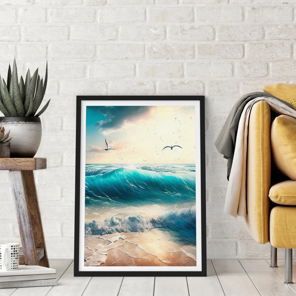 Affisch i svart ram - Turkosa vågor som slår mot stranden - 50x70cm - Ljuder endast för dig - Modern väggdekoration för vardagsrum och sovrum ARTTOR