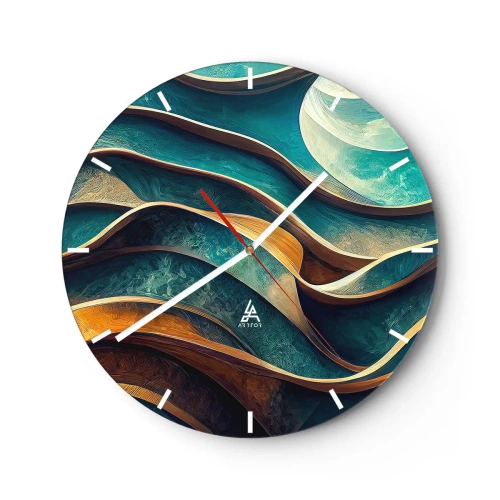 Väggklocka - Klocka på glas - Abstrakta vågor av blått och brunt med en 3D-effekt - 30x30cm - Meandrar av blått - Modern väggdekoration för vardagsrum, kök och sovrum ARTTOR