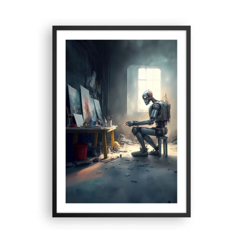 Affisch i svart ram - Robotkonstnär som målar bilder i sin ateljé - 50x70cm - Den skapande handlingen - Modern väggdekoration för vardagsrum och sovrum ARTTOR
