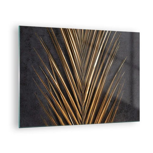 Glastavla - Bild på glas - Gyllene palmblad på en mörk bakgrund - 70x50cm - Tropikens guld - Modern väggdekoration för vardagsrum och sovrum ARTTOR