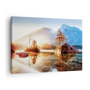 Canvastavla - Bild på duk - En sjö med öar och berg i bakgrunden vid soluppgången - 70x50cm - Naturen i ett nytt ljus - Modern väggdekoration för vardagsrum och sovrum ARTTOR