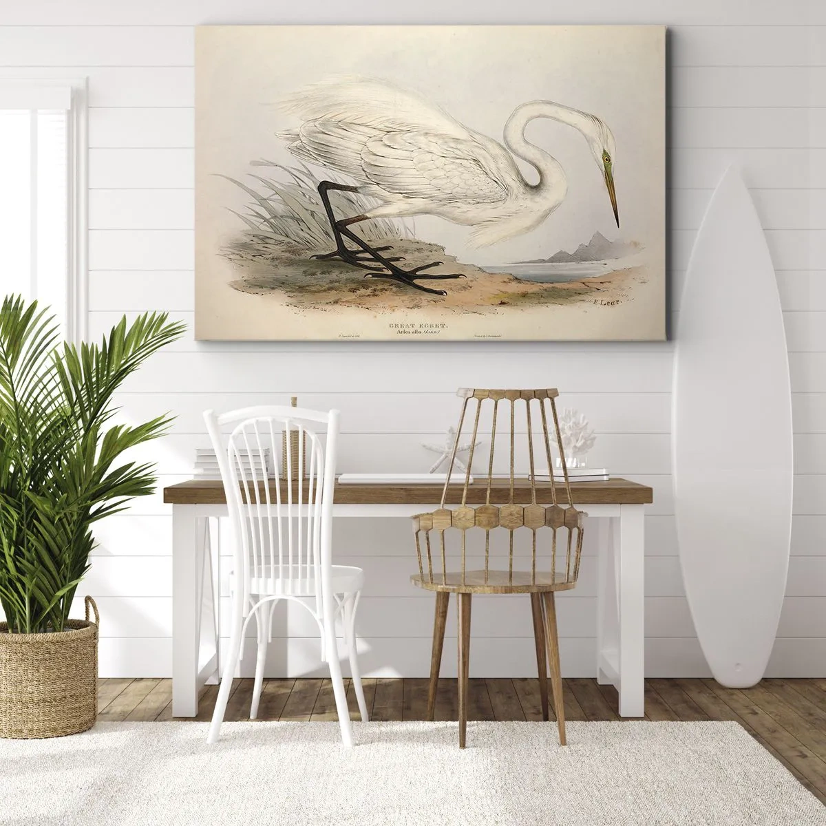 Canvastavla - Bild på duk - Teckning av en vit häger mot en naturlig landskapsbakgrund - 70x50cm - En dam i vassen - Modern väggdekoration för vardagsrum och sovrum ARTTOR
