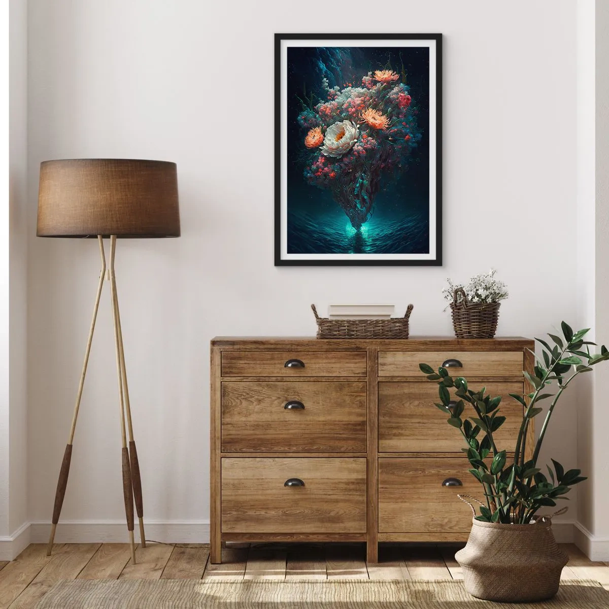 Affisch i svart ram - Ett magiskt arrangemang av blommor som svävar ovanför vattnet - 50x70cm - Märklig trädgård - Modern väggdekoration för vardagsrum och sovrum ARTTOR