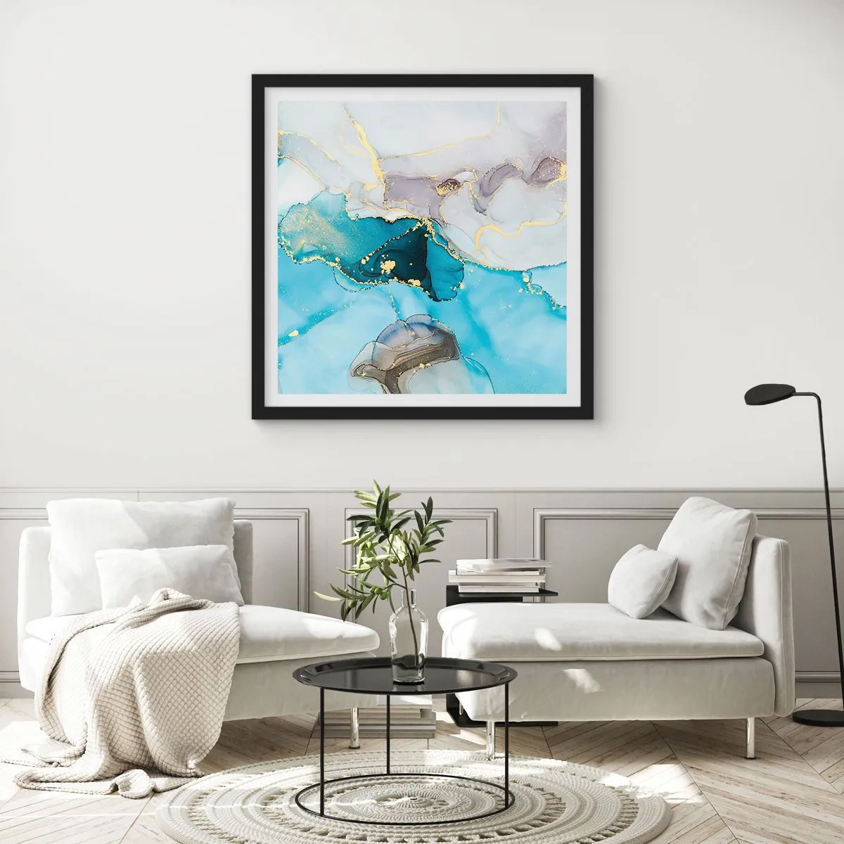 Affisch i svart ram - Studie över mötet mellan grå och turkos - 50x50 cm