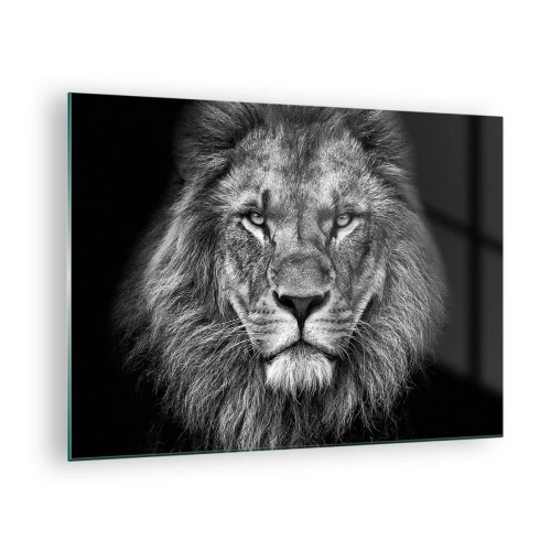 Glastavla - Bild på glas - Porträtt av ett lejon i svartvitt med majestätisk man - 70x50cm - I kröningskläder - Modern väggdekoration för vardagsrum och sovrum ARTTOR