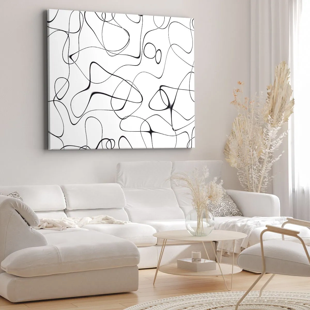 Canvastavla - Bild på duk - Abstrakta svarta linjer på en vit bakgrund i minimalistisk stil - 70x50cm - Livets stigar, ödets tur - Modern väggdekoration för vardagsrum och sovrum ARTTOR