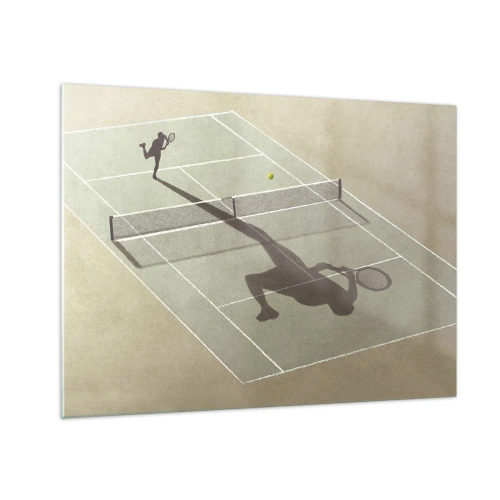 Glastavla - Bild på glas - Figuren av en tennisspelare och hans skugga på banan under en serve - 70x50cm - Övervinna sig själv - Modern väggdekoration för vardagsrum och sovrum ARTTOR