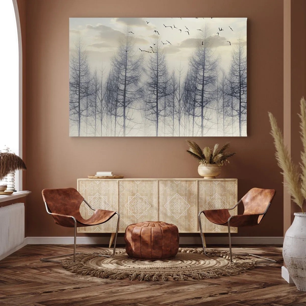 Canvastavla - Bild på duk - Dimmig skog med fåglar mot solnedgångshimlen - 70x50cm - Skogens andar - Modern väggdekoration för vardagsrum och sovrum ARTTOR