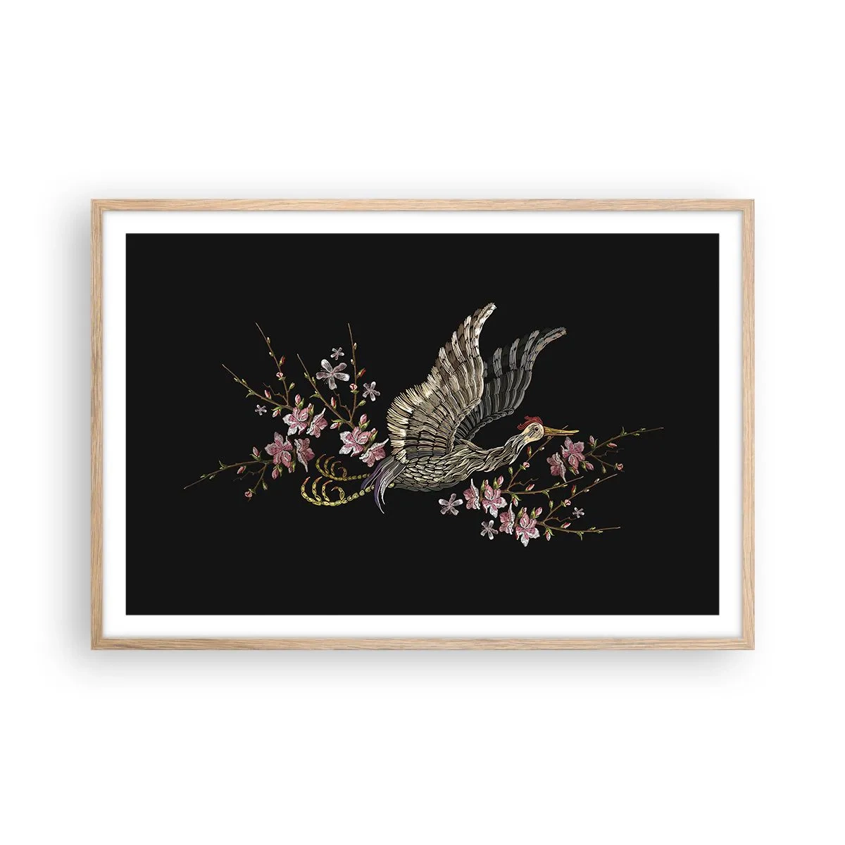 Affisch i ram av ljusek - Exotisk, broderad fågel - 91x61 cm