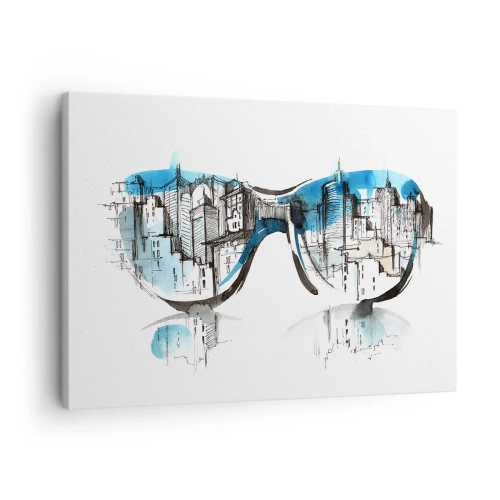 Canvastavla - Bild på duk - Akvarell av stadspanoramaet reflekterat i glasögonen - 70x50cm - Storstadsstil - Modern väggdekoration för vardagsrum och sovrum ARTTOR