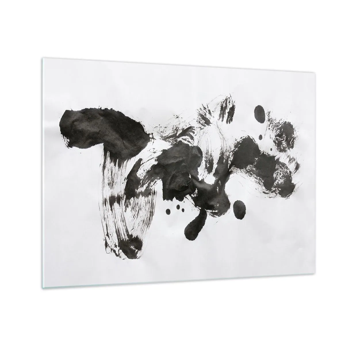 Glastavla - Bild på glas - Abstrakt svart fläck och penseldrag på en vit bakgrund - 70x50cm - En metod i galenskap? - Modern väggdekoration för vardagsrum och sovrum ARTTOR