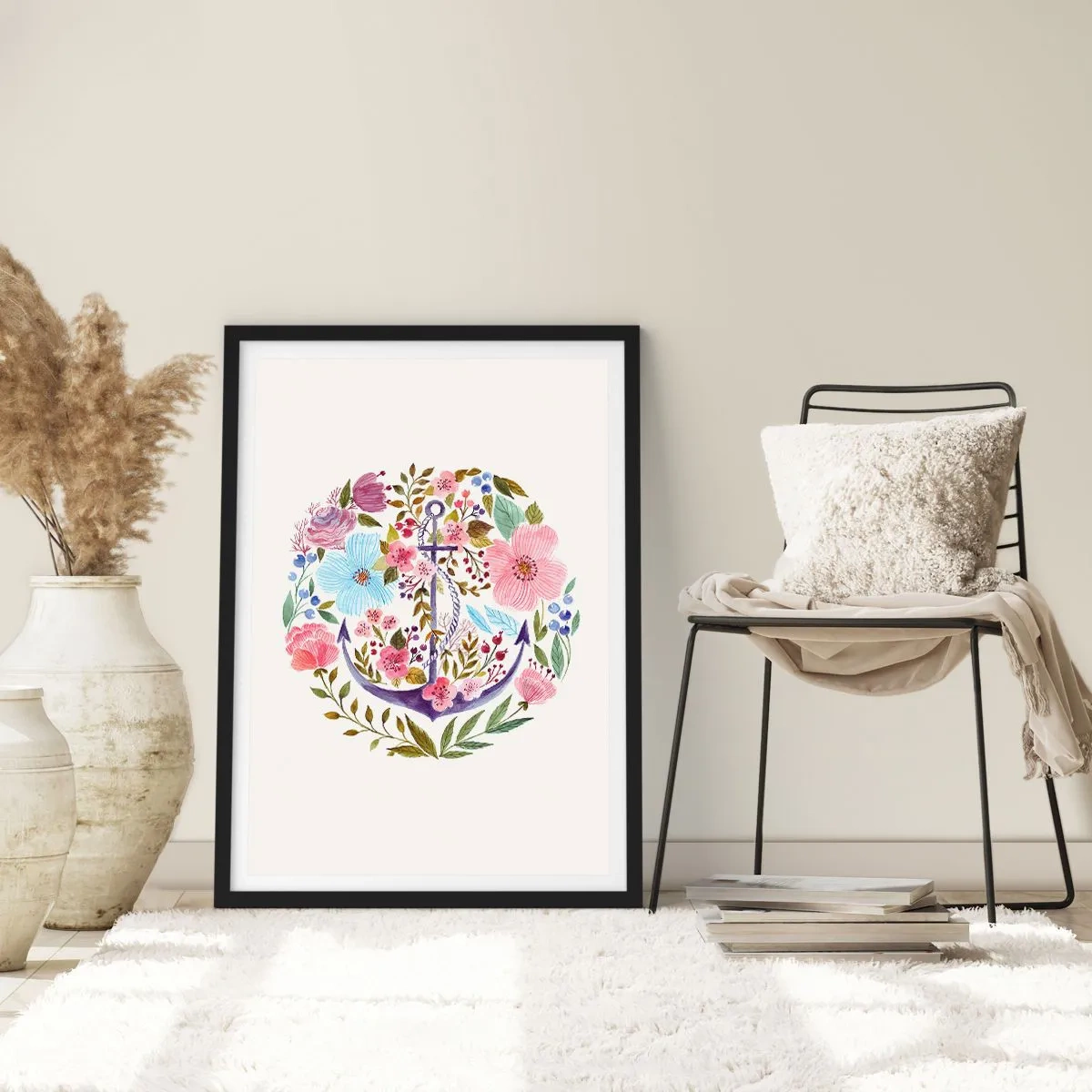 Affisch i svart ram - Ett akvarell ankare omgivet av blommor mot en ljus bakgrund. - 50x70cm - En seglares goda sömn - Modern väggdekoration för vardagsrum och sovrum ARTTOR