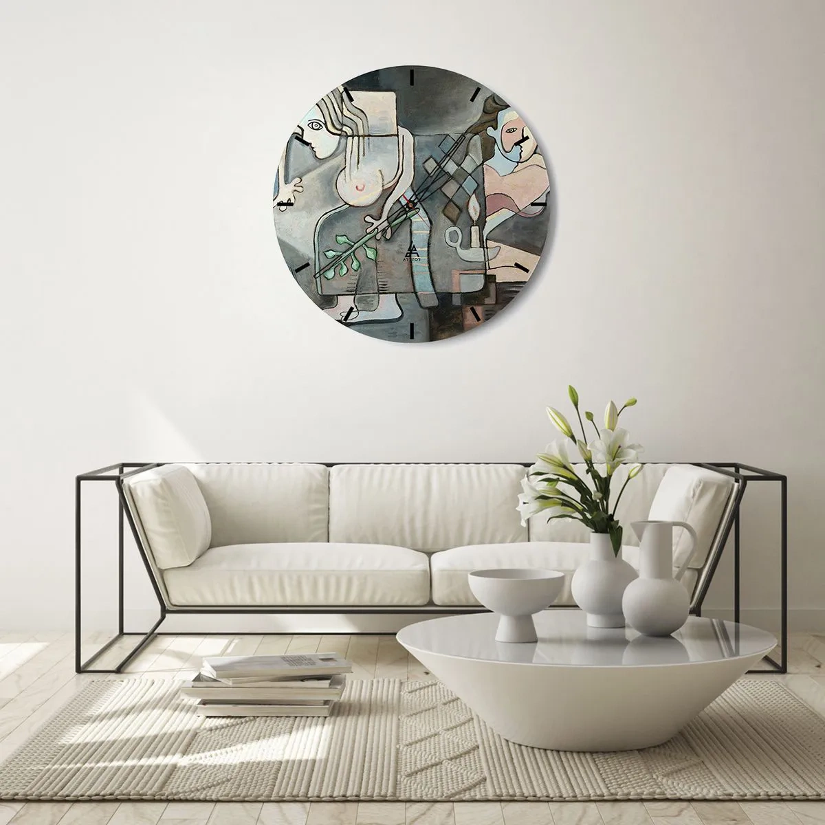 Väggklocka - Klocka på glas - En abstrakt komposition av två figurer med mosaikelement. - 30x30cm - Själens och materias mosaik - Modern väggdekoration för vardagsrum, kök och sovrum ARTTOR