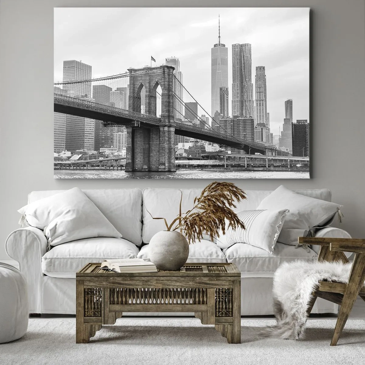 Canvastavla - Bild på duk - Brooklynbron med New Yorks skyskrapor i bakgrunden - 70x50cm - New York stämning - Modern väggdekoration för vardagsrum och sovrum ARTTOR