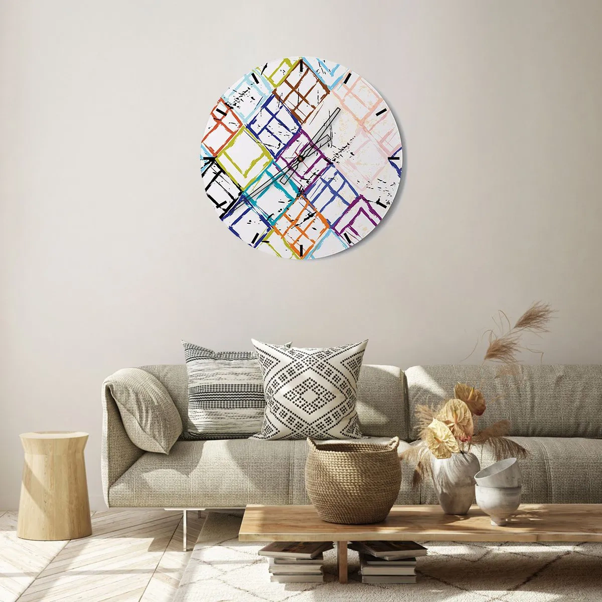 Väggklocka - Klocka på glas - Färgglada abstrakta linjer som bildar geometriska former - 30x30cm - Celler för uthyrning - Modern väggdekoration för vardagsrum, kök och sovrum ARTTOR