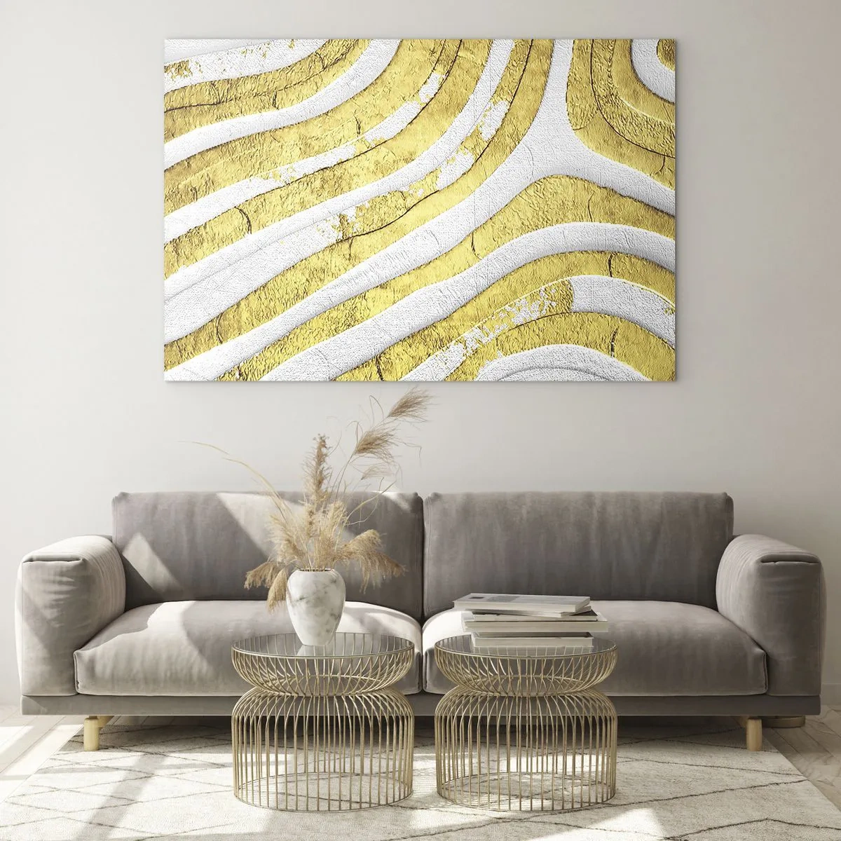 Glastavla - Bild på glas - Komposition i vitt och guld - 120x80 cm