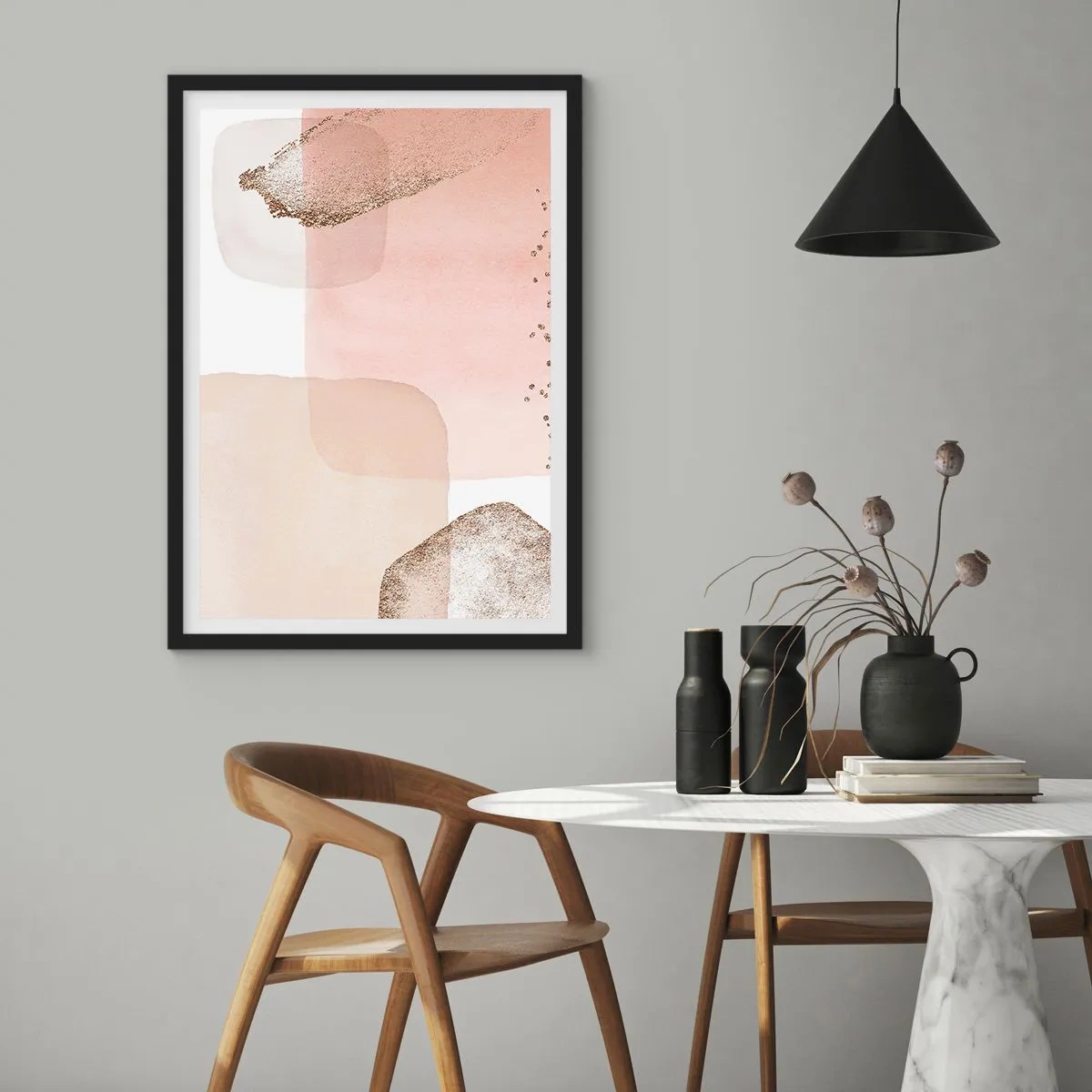 Affisch i svart ram - Pastellformer med en delikat guldfärgad accent - 50x70cm - Titta genom färgen - Modern väggdekoration för vardagsrum och sovrum ARTTOR