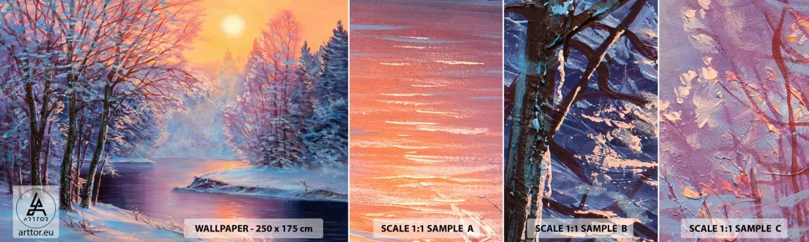 Provbit av självhäftande fototapet Deluxe Sticker - Vinterns färger - Landskap, Flod, Skog - 100x30 cm