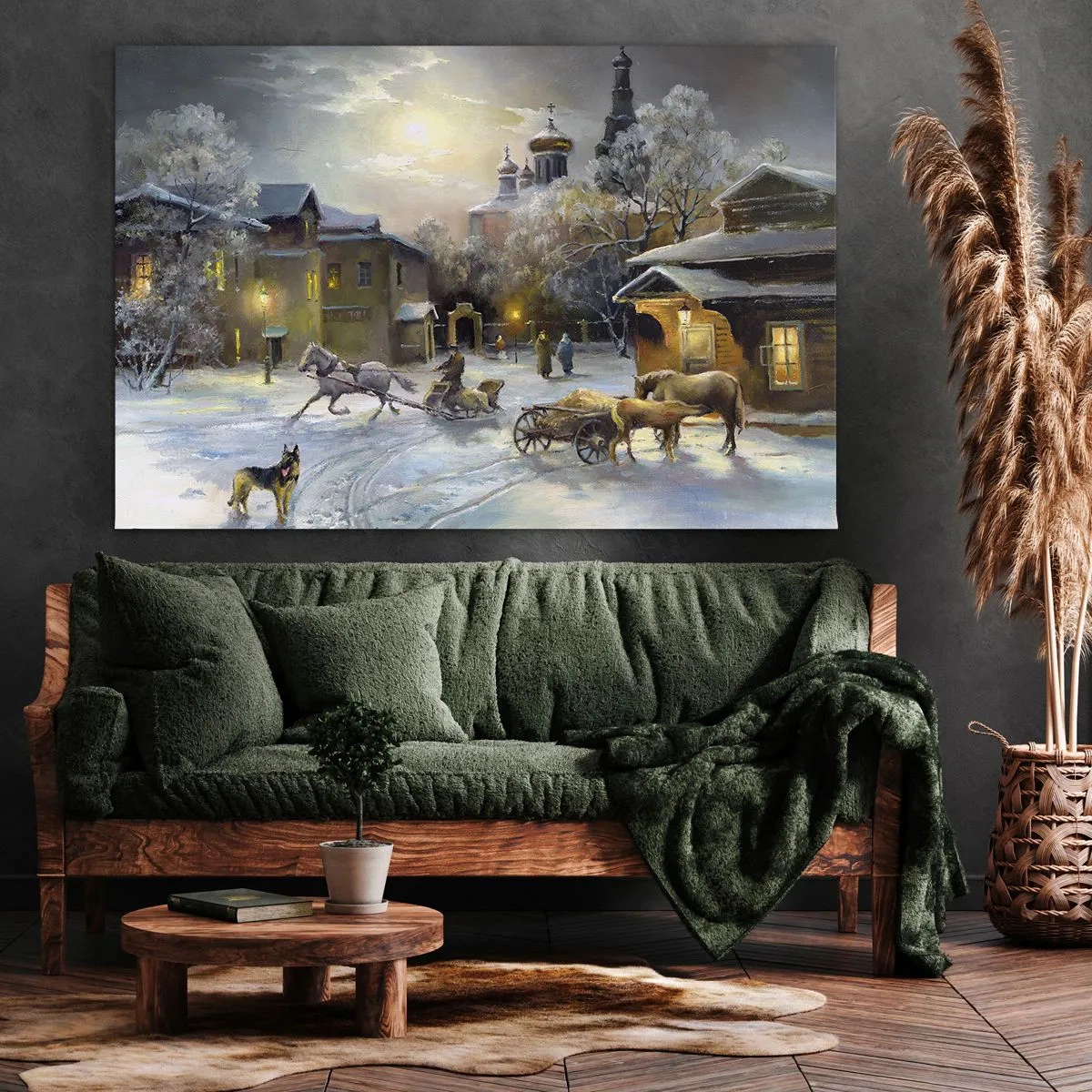 Canvastavla - Bild på duk - Vinterlandskap i en rysk stad med en släde och en kyrka - 70x50cm - Ryska vinterns magi - Modern väggdekoration för vardagsrum och sovrum ARTTOR