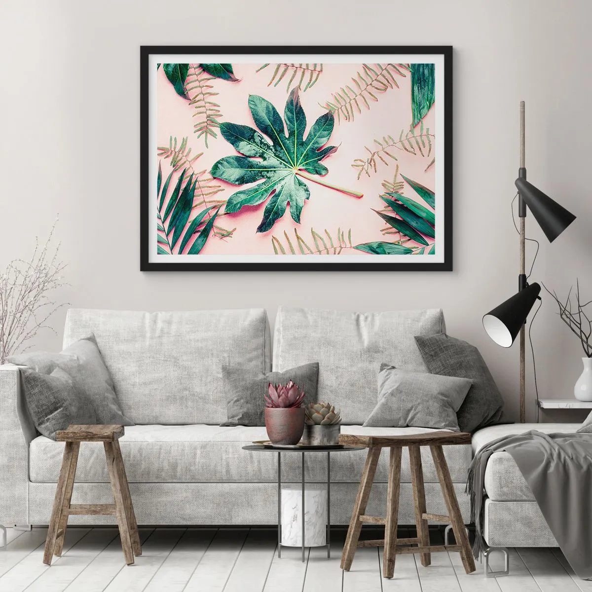 Affisch i svart ram - Grönskans studie mot rosa bakgrund - 70x50 cm