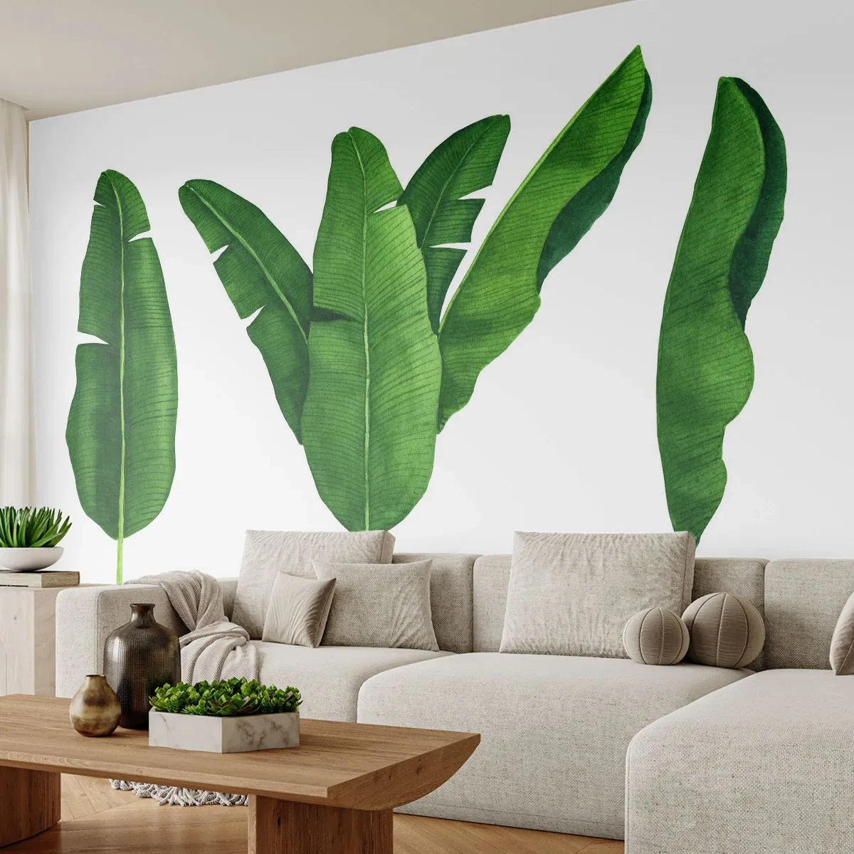 Fototapet Premium Sand - Grön symmetri - Banan blad, Tropisk, Botanisk stil - 100x70 cm