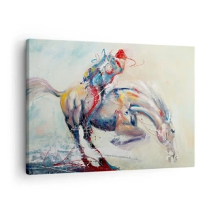 Canvastavla - Bild på duk - En dynamisk bild av en häst i en abstrakt konstnärlig stil. - 70x50cm - Håll i, vi flyger - Modern väggdekoration för vardagsrum och sovrum ARTTOR