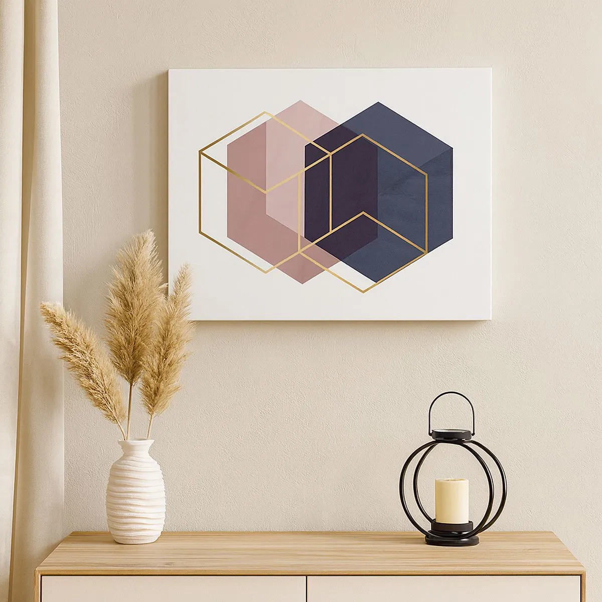 Canvastavla - Bild på duk - Geometriska former i gyllene linjer på en pastellbakgrund - 70x50cm - Enkelhetens styrka - Modern väggdekoration för vardagsrum och sovrum ARTTOR