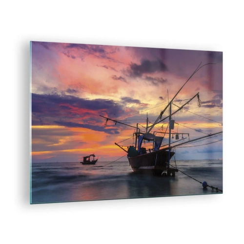 Glastavla - Bild på glas - Fiskebåtar till sjöss vid solnedgången - 70x50cm - Exotisk kväll - Modern väggdekoration för vardagsrum och sovrum ARTTOR