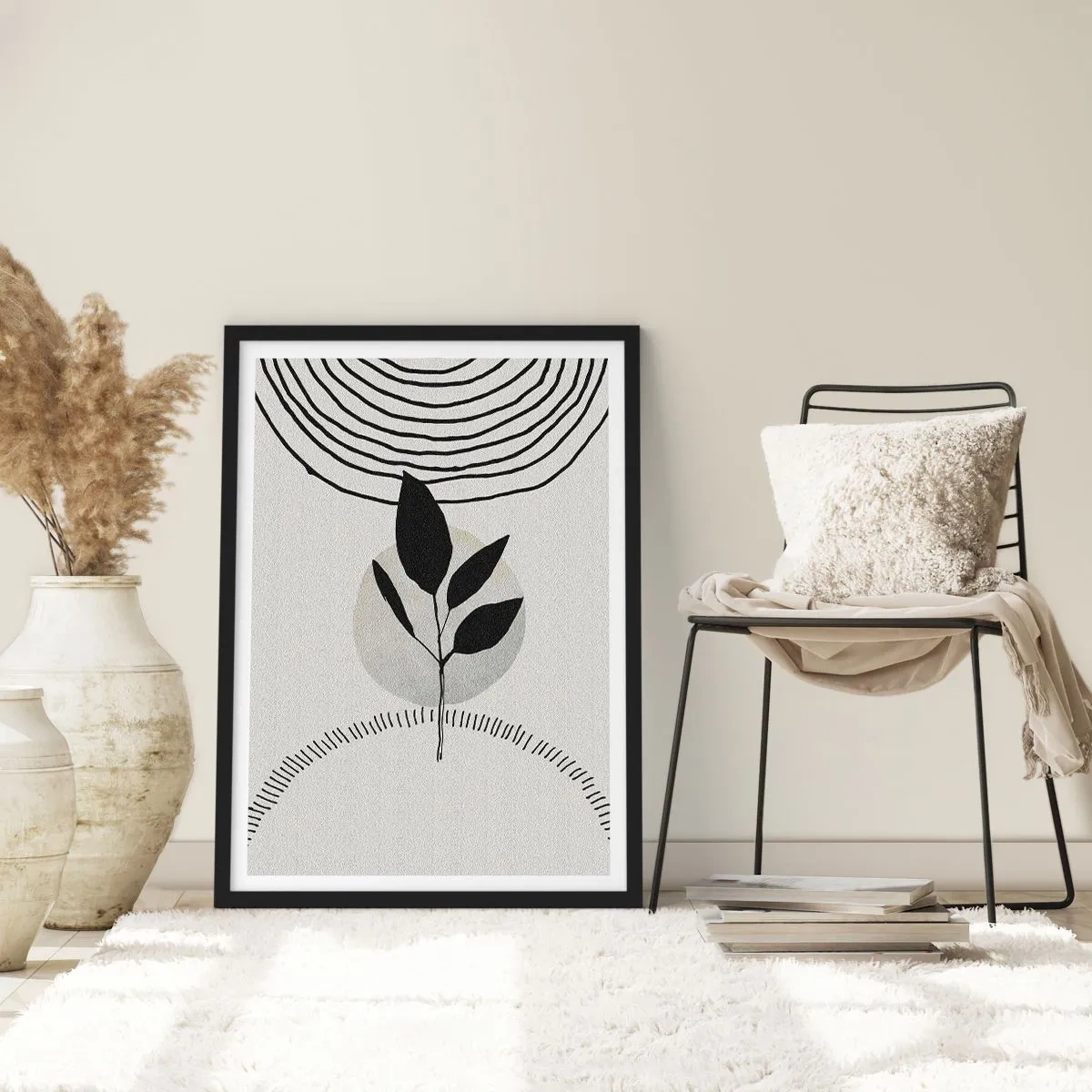 Affisch i svart ram - Minimalistisk lövillustration med geometriska mönster - 50x70cm - Komposition: naturens ritualer - Modern väggdekoration för vardagsrum och sovrum ARTTOR