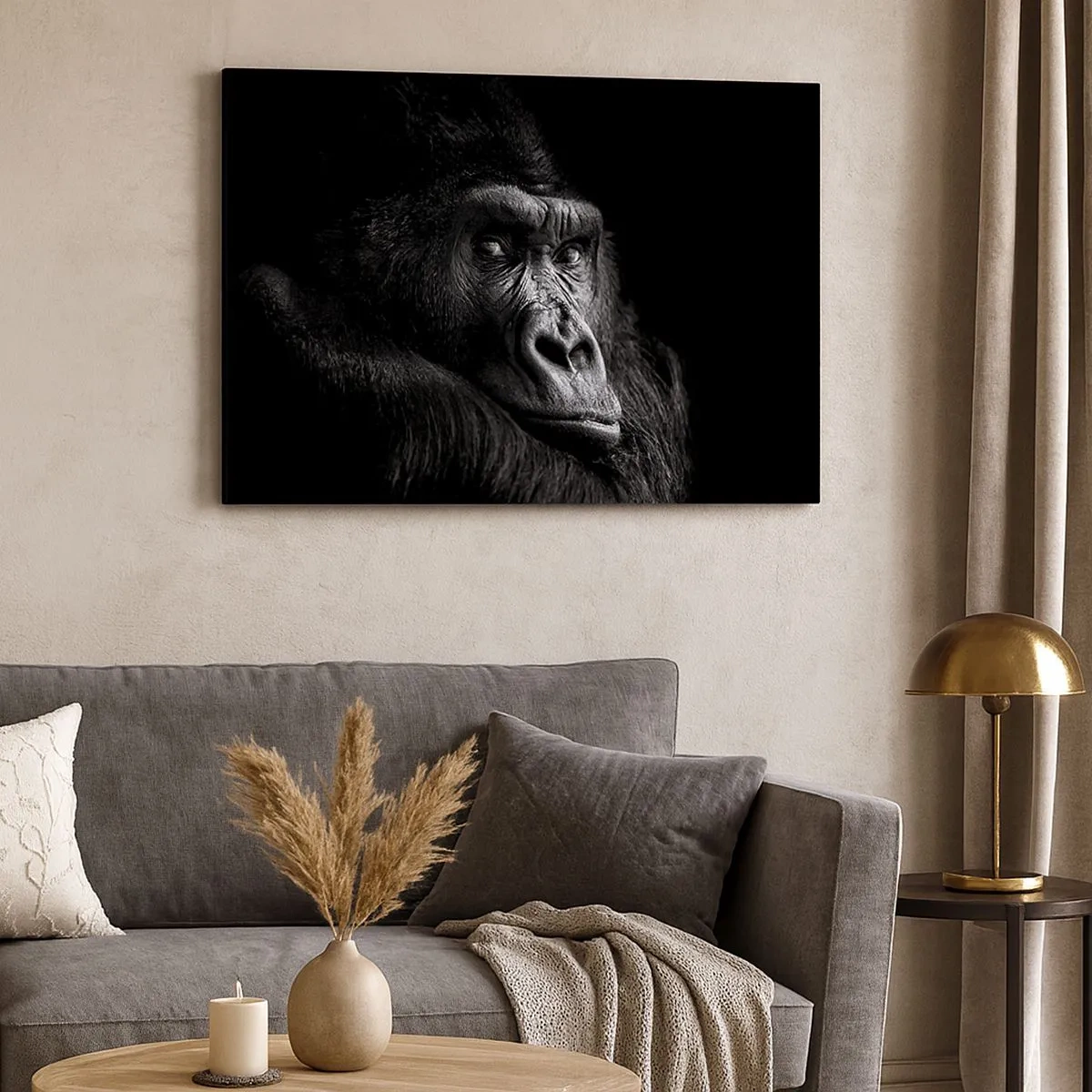 Canvastavla - Bild på duk - Svartvitt porträtt av en majestätisk gorilla - 70x50cm - Varför glor du? - Modern väggdekoration för vardagsrum och sovrum ARTTOR