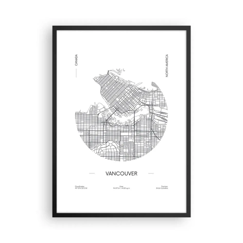Affisch i svart ram - En minimalistisk svartvit karta över Vancouver - 50x70cm - Vacouvers anatomi - Modern väggdekoration för vardagsrum och sovrum ARTTOR