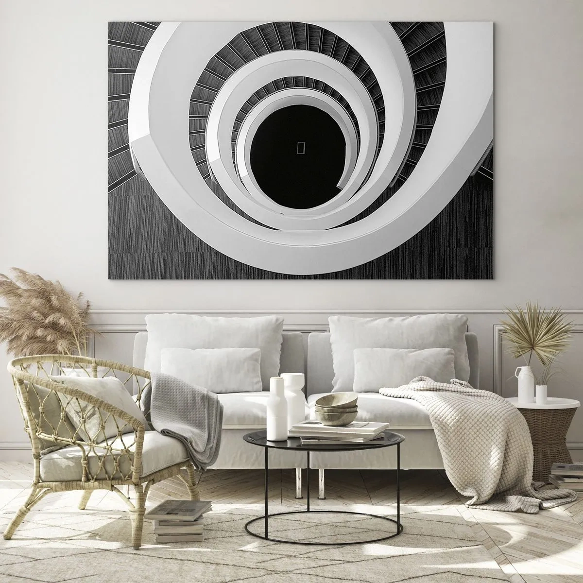 Glastavla - Bild på glas - Svartvit spiraltrappa uppifrån - 70x50cm - Till sakens kärna - Modern väggdekoration för vardagsrum och sovrum ARTTOR