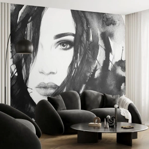 Självhäftande Fototapet Deluxe Sticker - En damportätt i svart och vit - Abstraktion, Kvinnans ansikte, Porträtt - 450x315 cm