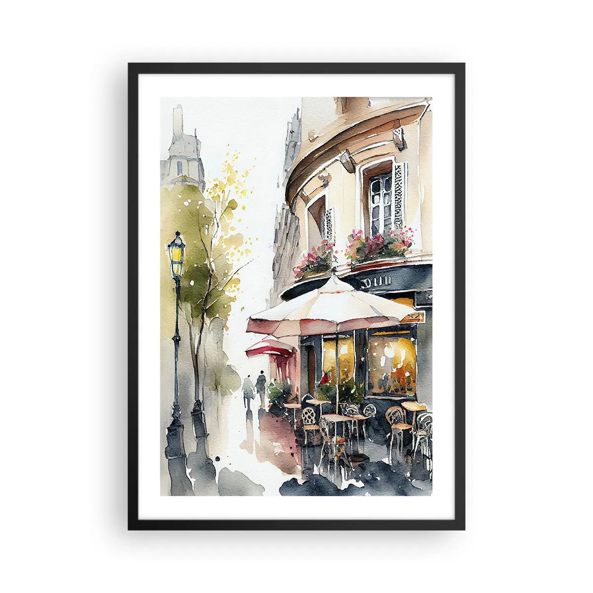Affisch i svart ram - Ett kafé på en pittoresk gata i europeisk stil - 50x70cm - En parisisk morgon - Modern väggdekoration för vardagsrum och sovrum ARTTOR