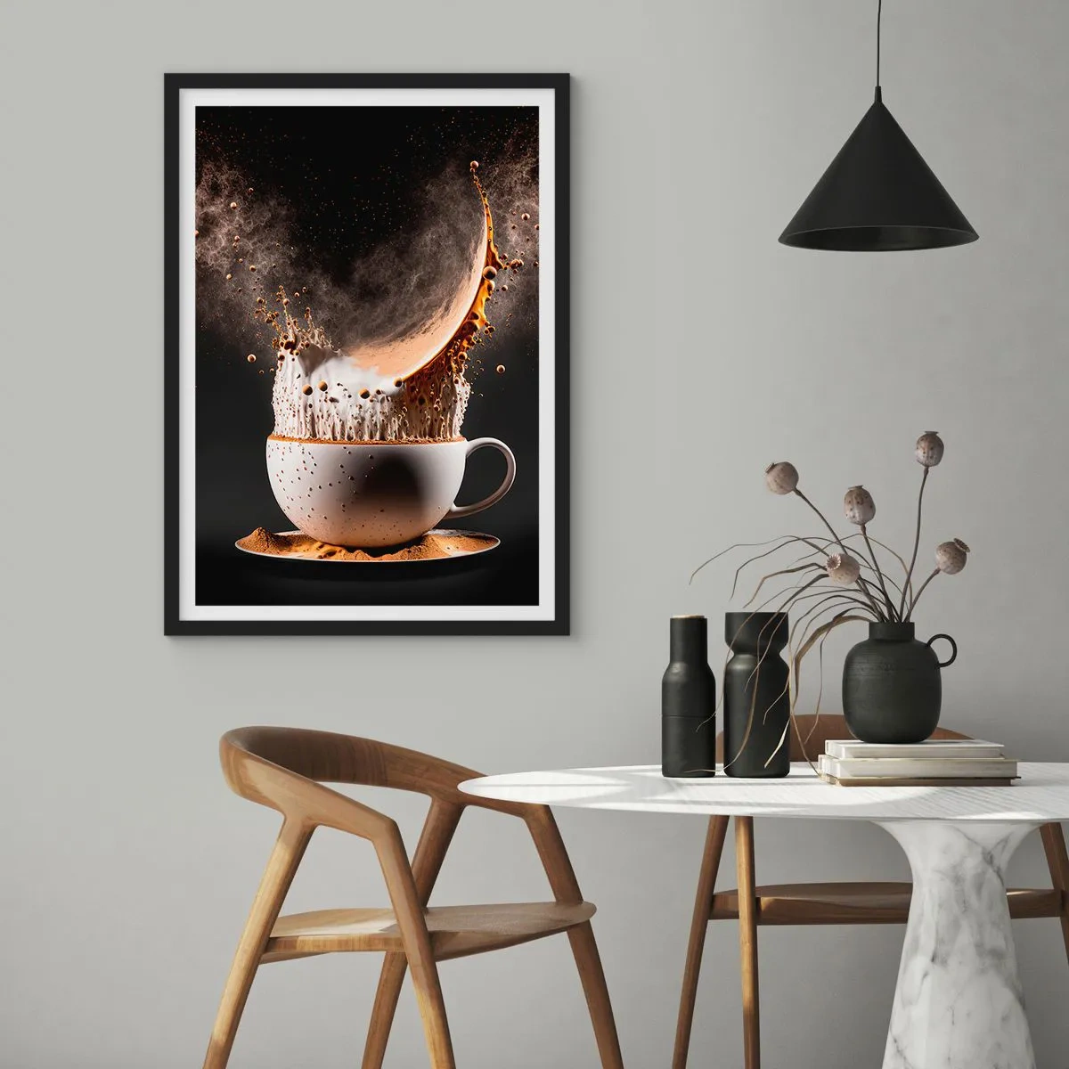 Affisch i svart ram - En dynamisk explosion av kaffe i en kopp - 50x70cm - Smakexplosion - Modern väggdekoration för vardagsrum och sovrum ARTTOR
