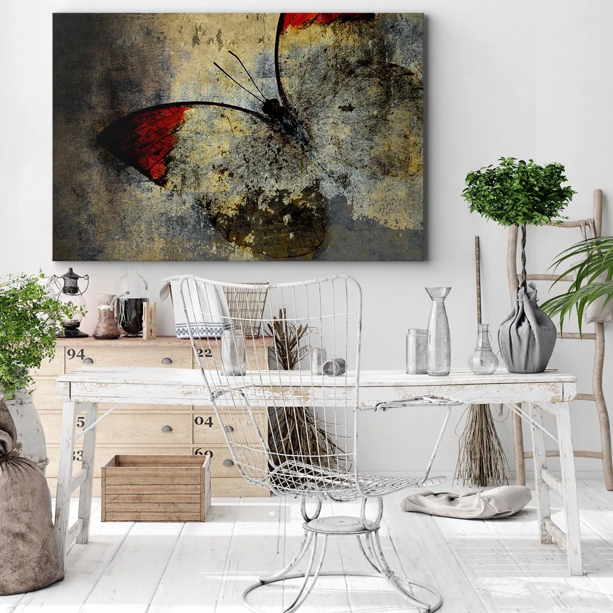 Canvastavla - Bild på duk - En fjäril i nyanser av rött och grått på en texturerad bakgrund - 70x50cm - Se innan jag försvinner - Modern väggdekoration för vardagsrum och sovrum ARTTOR